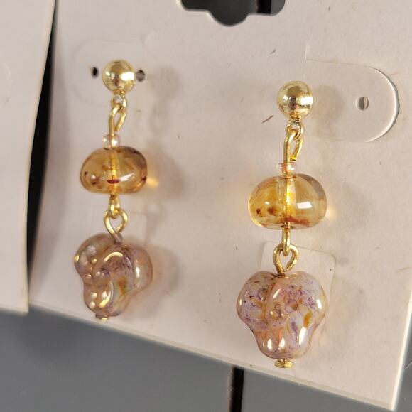 Radiant Earrings 2 Sets Drop Beads Amber Gold Tone Stud Pierced 1–1.5" Gift Bag - Picture 7 of 11